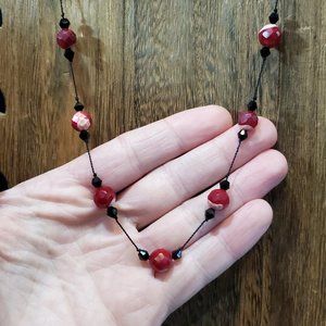 16 Inch 925 Sterling Silver & Cord Handmade Faceted Red White Stones Necklace